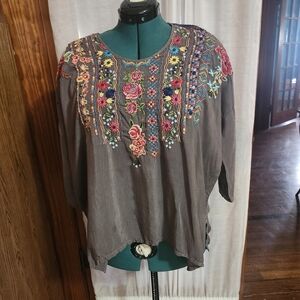 Johnny Was Gray Blouse with Colorful Floral Embroidery